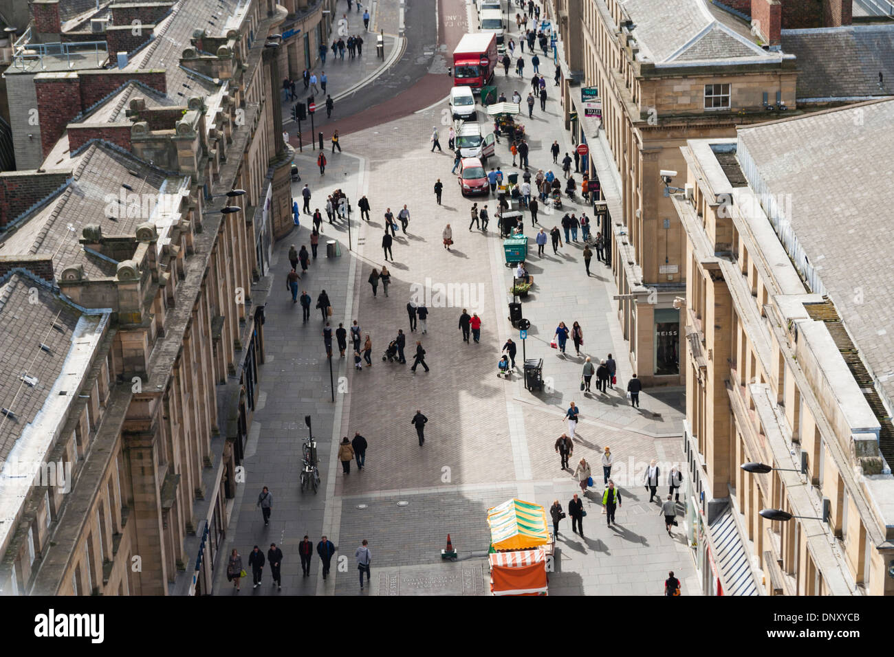 View over Grainger street from the top of Grey`s Monument in Newcastle